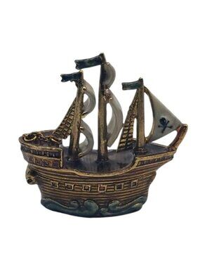 Vintage Monet Pirate Ship Gold Tone Enamel Keepsake Trinket Pill Box Bag Charm